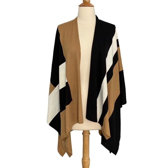 Parrish LA Colorblock Stevie Poncho Cape Wrap Sweater Camel Black Cream OS NWT - Picture 1 of 13